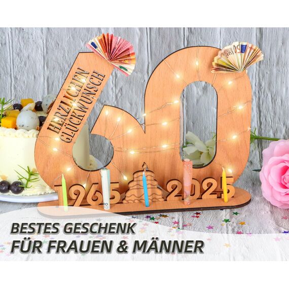 Giftota - 2025 Originelle 60 Geburtstag Geschenk Frauen & Männer - 60 Diamantene Hochzeit - Geldgeschenke Geburtstag 60 mit LED Lichterkette Ständer - Holz-Schild Gästebuch - 60 Geburtstag Deko