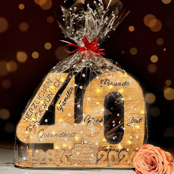 YUNLI Holz-Schild Gästebuch, 40 Geburtstag Frauen & Männer, Geburtstag Jubiläum mit LED Lichterkette und Cellophantüten, 2026 Holzschild Gästebuch Geburtstag, Geburtstagszahlen 40 Jahre Tischdeko