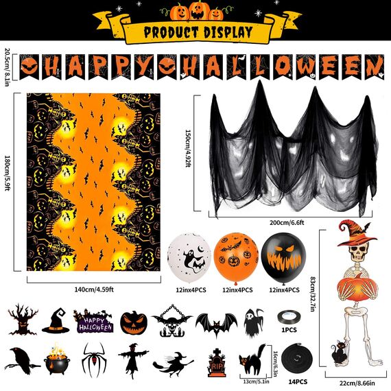 iZoeL XXL Halloween Partydeko Gruselig Party Stoff, Horror HAPPY HALLOWEEN Girlande,Spiralen Deckendeko,Skelettgeister, Tischdecke,Gruselige Luftballons, Gruselig Party Deko