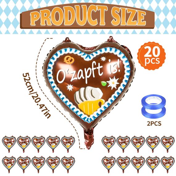 iZoeL XXL Oktoberfest deko 20 Stück,O' Zapft is'' Herz Folienballons im Lebkuchenherzen Design Oktoberfest Bayrische Deko Oktoberfestparty