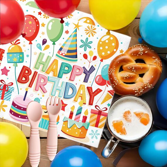 40 Stück servietten geburtstag, 33x33cm tischdeko geburtstag servietten,Bunte Luftballons, Kuchen, servietten kindergeburtstag für Junge Mädchen Geburtstag Party Deko