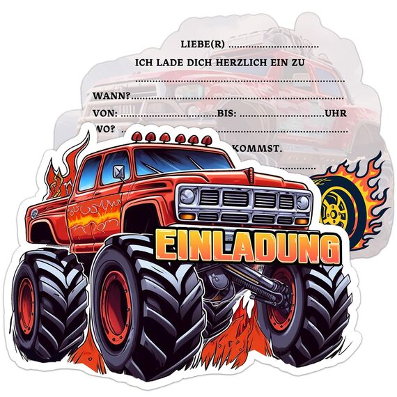 BOYATONG 12× Einladungskarten Kindergeburtstag Junge, Monstertruck Einladungskarten Geburtstag, Truck Geburtstagseinladungen Jungen, Einladung Kindergeburtstag Junge für Themed Party