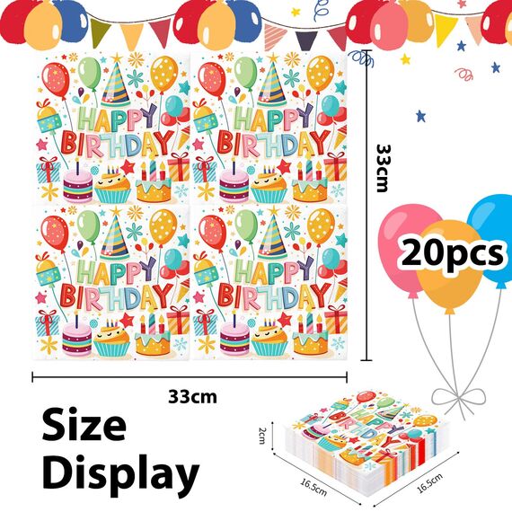 40 Stück servietten geburtstag, 33x33cm tischdeko geburtstag servietten,Bunte Luftballons, Kuchen, servietten kindergeburtstag für Junge Mädchen Geburtstag Party Deko