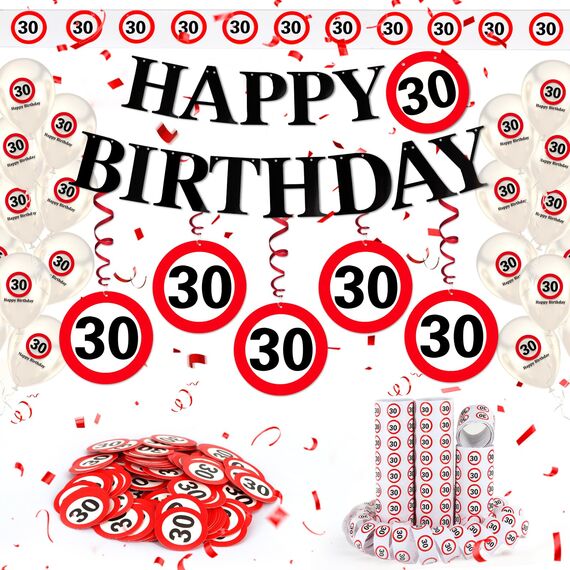 WenmthG 30 Geburtstag Deko Männer Frauen, 30. Geburtstag Deko mit Girlande, Luftballons, Luftschlangen, Banner, Konfetti - Verkehrsschild zum 30 Jahre, Verkehrszeichen 30. Geburtstagsdeko