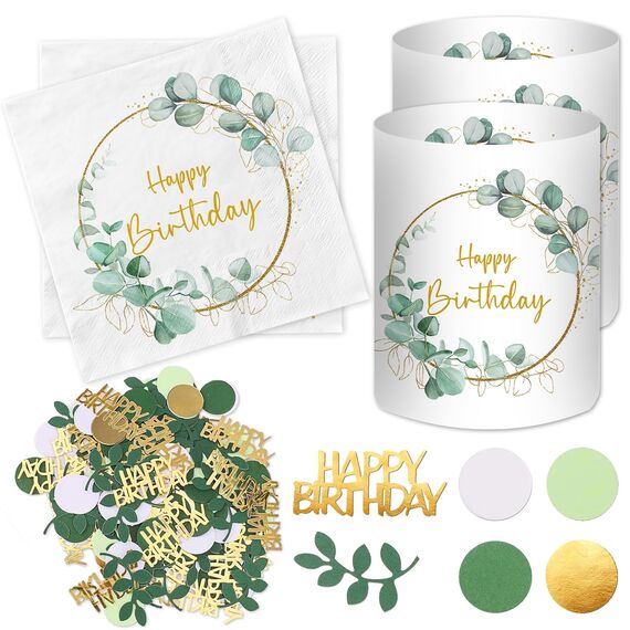 20 Stück Servietten Happy Birthday+ 12 Stück Windlicht Tischdeko Geburtstag + 100 Stück Konfetti Geburtstag Deko Grün, Geburtstagsdeko Frau Mann Mädchen Junge Kinder, Eukalyptus Tisch Deko