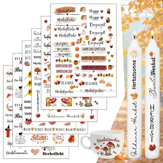 6 Stück Kerzentattoos, Herbst kerzenaufkleber, Kerzensticker mit Herbstmotiven, wasserschiebefolie kerzen, Kerzen Dekorieren, Dekoration Selber Machen, DIY Geschenk