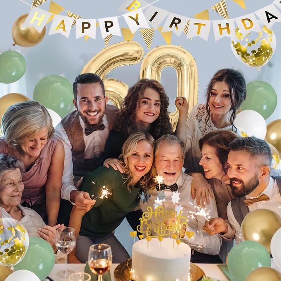 60. Geburtstag Deko Salbeigrüne - Luftballon für Männer und Frauen, Ballon Grün Weiß Gold, Zahl 60 Folienballon, Tortendeko für 60. Dekoration