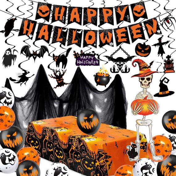 iZoeL XXL Halloween Partydeko Gruselig Party Stoff, Horror HAPPY HALLOWEEN Girlande,Spiralen Deckendeko,Skelettgeister, Tischdecke,Gruselige Luftballons, Gruselig Party Deko