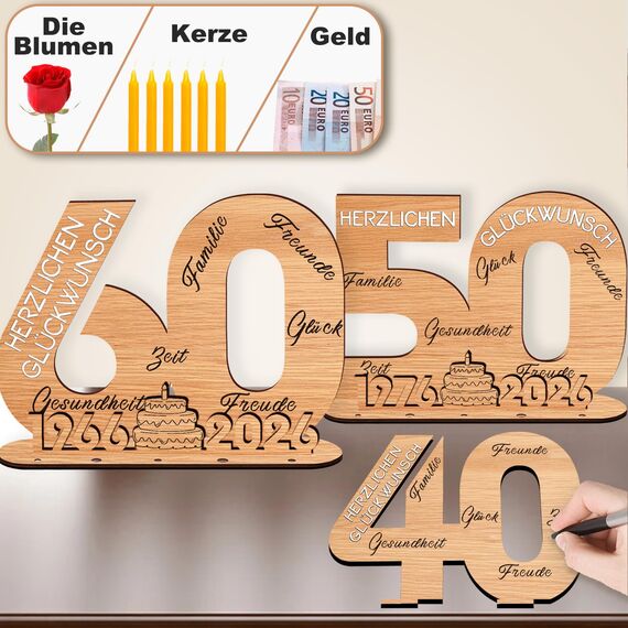 YUNLI Holz-Schild Gästebuch, 40 Geburtstag Frauen & Männer, Geburtstag Jubiläum mit LED Lichterkette und Cellophantüten, 2026 Holzschild Gästebuch Geburtstag, Geburtstagszahlen 40 Jahre Tischdeko