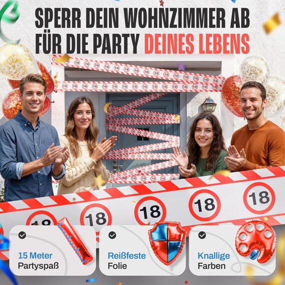 Tiwoca 18 Geburtstag Deko – lustiges Absperrband rot weiß mit Verkehrszeichen als originelle und witzige Geburtstagsdeko für einen gelungenen 18. Geburtstag Junge oder Mädchen