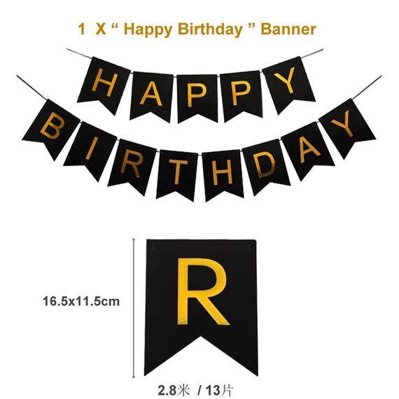 Luftballons Geburtstag Dekoration Set, Schwarz Gold Geburtstagsdeko Happy Birthday deko Banner Party Deko Geburtstag Set mit Gold Luftballons Konfetti Ballons Dreiecksflaggen Girlanden