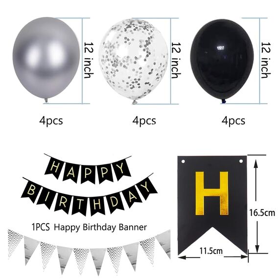 Luftballons Geburtstag Dekoration Set, Schwarz Silber Geburtstagsdeko Happy Birthday deko Banner Party Deko Geburtstag Set mit SilberLuftballons Konfetti Ballons Dreiecksflaggen Girlanden(BK+SR+SJQ)