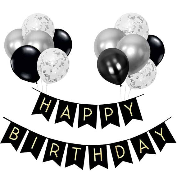 Luftballons Geburtstag Dekoration Set, Schwarz Silber Geburtstagsdeko Happy Birthday deko Banner Party Deko Geburtstag Set mit Schwarz Silber Happy Birthday Luftballons Konfetti Ballons（BK+SR）