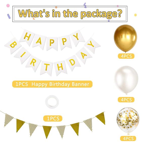 Luftballons Geburtstag Dekoration Set, weiß Gold Geburtstagsdeko Happy Birthday deco Banner Party Decor Geburtstag Set mit weiß Gold Luftballons Konfetti Ballons Dreiecksflaggen Girlanden（WH+GD+SJQ）