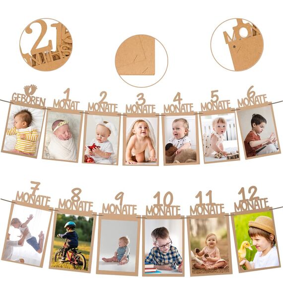Sufune Foto Banner 1. Geburtstag (Khaki) für 1 bis 12 Monate Baby Geburtstagsdeko Hängende Wanddekoration für Mädchen Jungen Party Deko Feiern Deutsch Kraftpapier Girlande Erster Kommunion