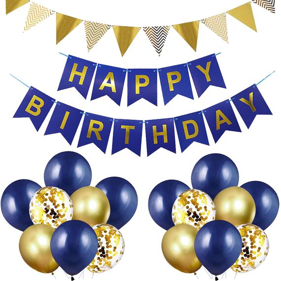 Luftballons Geburtstag Dekoration Set, Marineblau Gold Geburtstagsdeko Happy Birthday deko Banner Set mit Marineblau Gold Luftballons Konfetti Ballons Dreiecksflaggen Girlanden（NB+GD+SJQ）