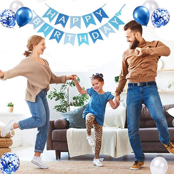 Luftballons Geburtstag Dekoration Set, blau Geburtstagsdeko Happy Birthday deko Banner Party Deko Geburtstag Set mit blau Luftballons Konfetti Ballons