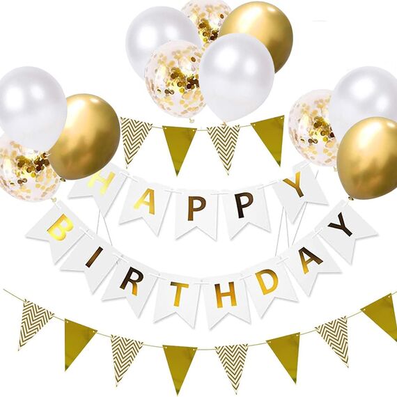 Luftballons Geburtstag Dekoration Set, weiß Gold Geburtstagsdeko Happy Birthday deco Banner Party Decor Geburtstag Set mit weiß Gold Luftballons Konfetti Ballons Dreiecksflaggen Girlanden（WH+GD+SJQ）