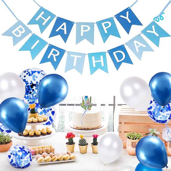 Luftballons Geburtstag Dekoration Set, blau Geburtstagsdeko Happy Birthday deko Banner Party Deko Geburtstag Set mit blau Luftballons Konfetti Ballons