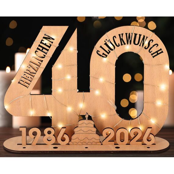 Giftota - 2026 Originelle 40 Geburtstag Geschenk Frauen & Männer - 40 Rubinhochzeit - Geldgeschenke 40 mit LED Lichterkette Ständer - Holz-Schild Gästebuch - 40 Geburtstag Deko - Hochzeitsgeschenke