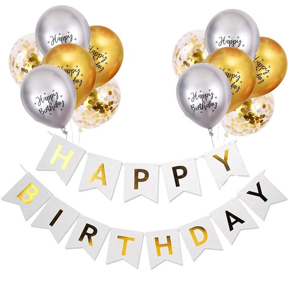 Luftballons Geburtstag Dekoration Set, Gold Silber Geburtstagsdeko Happy Birthday deko Banner Party Deko Geburtstag Set mit Gold Silber Happy Birthday Luftballons Konfetti Ballons