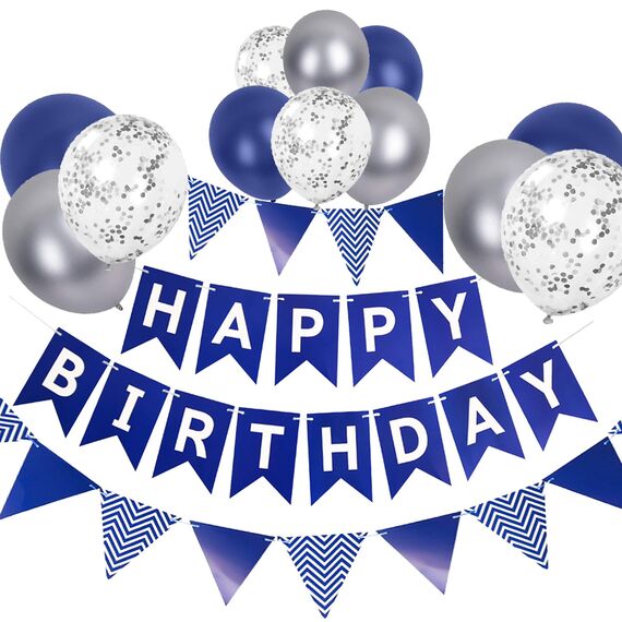 Luftballons Geburtstag Dekoration Set, Marineblau Geburtstagsdeko Happy Birthday deko Banner Party Deko Geburtstag Set mit Marineblau und Silber Luftballons Dreiecksflaggen Girlanden（NB+SJQ）