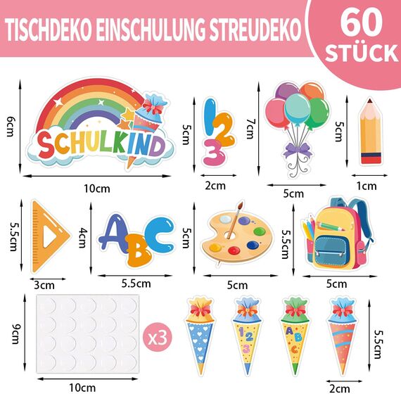 60 Stück Einschulung Deko Konfetti Bunt, Streudeko Schultüte ABC 123 Tischdekoration für Schuleinführung, Schulanfang, Schulkind 2025 Mädchen Junge, Tischdeko Einschulung