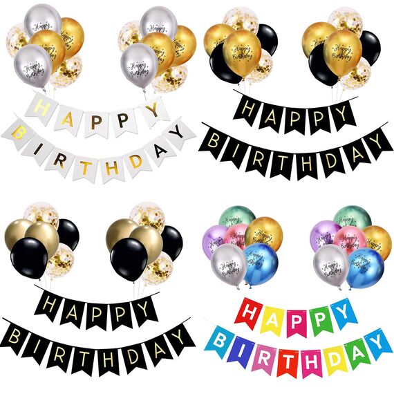 Luftballons Geburtstag Dekoration Set, Gold Silber Geburtstagsdeko Happy Birthday deko Banner Party Deko Geburtstag Set mit Gold Silber Happy Birthday Luftballons Konfetti Ballons