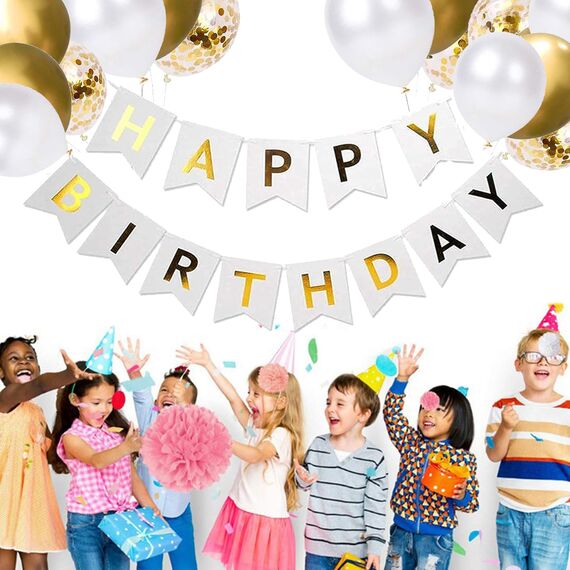Luftballons Geburtstag Dekoration Set, weiß Gold Geburtstagsdeko Happy Birthday deko Banner Party Deko Geburtstag Set mit weiß Gold Happy Birthday Luftballons Konfetti Ballons（WH+GD）