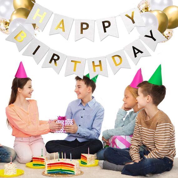 Luftballons Geburtstag Dekoration Set, weiß Gold Geburtstagsdeko Happy Birthday deko Banner Party Deko Geburtstag Set mit weiß Gold Happy Birthday Luftballons Konfetti Ballons（WH+GD）
