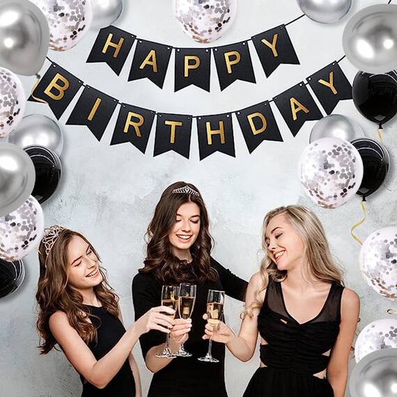 Luftballons Geburtstag Dekoration Set, Schwarz Silber Geburtstagsdeko Happy Birthday deko Banner Party Deko Geburtstag Set mit Schwarz Silber Happy Birthday Luftballons Konfetti Ballons（BK+SR）