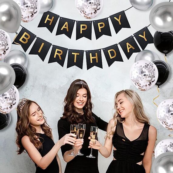 Luftballons Geburtstag Dekoration Set, Schwarz Silber Geburtstagsdeko Happy Birthday deko Banner Party Deko Geburtstag Set mit SilberLuftballons Konfetti Ballons Dreiecksflaggen Girlanden(BK+SR+SJQ)