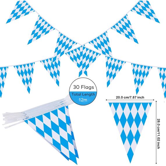 AhfuLife Oktoberfest Wimpelkette Bayerische Deko, 1 Stück 20 x 28cm - 12m Bayerisch Wiesn Blau/Weiß Dreieck Banner, Oktoberfest Girlande Wimpel für Oktoberfest Party Hausgarten Bar Bierzelte Bierfest