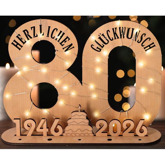 Giftota - 2026 Originelle 80 Geburtstag Geschenk Frauen & Männer - Geldgeschenke Geburtstag 80 mit LED Lichterkette Ständer - Holz-Schild Gästebuch - 80 Geburtstag Deko - Personalisierbares Geschenk