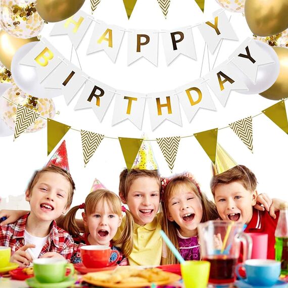 Luftballons Geburtstag Dekoration Set, weiß Gold Geburtstagsdeko Happy Birthday deco Banner Party Decor Geburtstag Set mit weiß Gold Luftballons Konfetti Ballons Dreiecksflaggen Girlanden（WH+GD+SJQ）