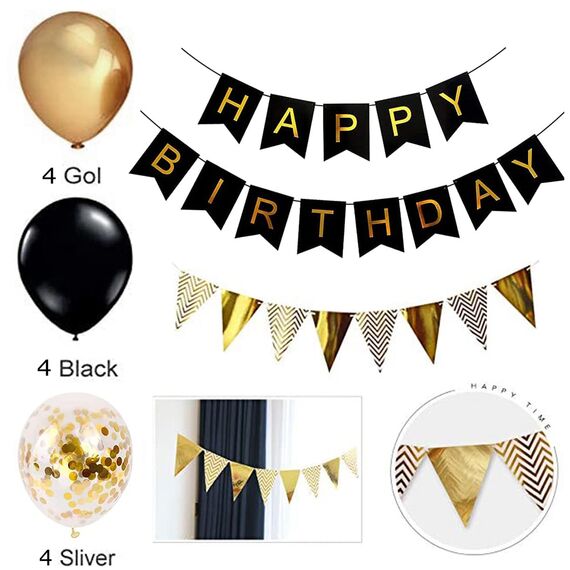 Luftballons Geburtstag Dekoration Set, Schwarz Gold Geburtstagsdeko Happy Birthday deko Banner Party Deko Geburtstag Set mit Gold Luftballons Konfetti Ballons Dreiecksflaggen Girlanden