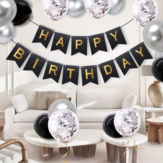 Luftballons Geburtstag Dekoration Set, Schwarz Silber Geburtstagsdeko Happy Birthday deko Banner Party Deko Geburtstag Set mit SilberLuftballons Konfetti Ballons Dreiecksflaggen Girlanden(BK+SR+SJQ)