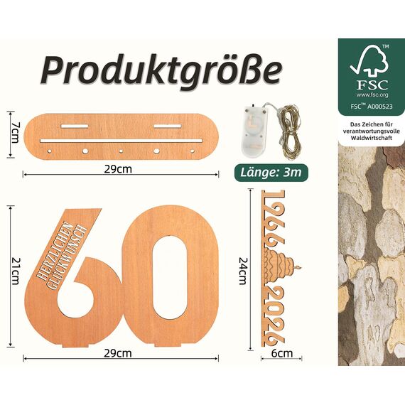Giftota - 2026 Originelle 65 Geburtstag Geschenk Frauen & Männer - 65 Eiserne Hochzeit - Geldgeschenke 65 mit LED Lichterkette Ständer - Holz-Schild Gästebuch - 65 Geburtstag Deko - Hochzeitsgeschenke