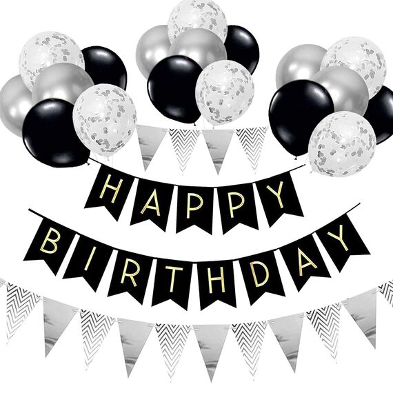 Luftballons Geburtstag Dekoration Set, Schwarz Silber Geburtstagsdeko Happy Birthday deko Banner Party Deko Geburtstag Set mit SilberLuftballons Konfetti Ballons Dreiecksflaggen Girlanden(BK+SR+SJQ)
