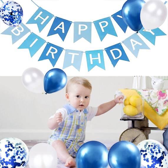 Luftballons Geburtstag Dekoration Set, blau Geburtstagsdeko Happy Birthday deko Banner Party Deko Geburtstag Set mit blau Luftballons Konfetti Ballons