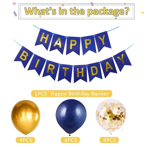 Luftballons Geburtstag Dekoration Set, Marineblau Gold Geburtstagsdeko Happy Birthday deko Banner Set mit Marineblau Gold Luftballons Konfetti Ballons Dreiecksflaggen Girlanden（NB+GD+SJQ）