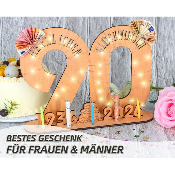 Giftota - 2026 Originelle 90 Geburtstag Geschenk Frauen & Männer - Geldgeschenke Geburtstag 90 mit LED Lichterkette Ständer - Holz-Schild Gästebuch - 90 Geburtstag Deko - Personalisierbares Geschenk