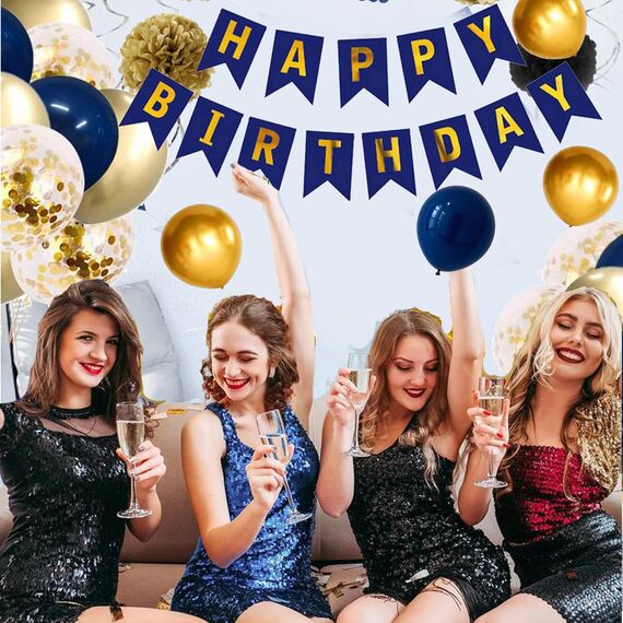 Luftballons Geburtstag Dekoration Set, Marineblau Gold Geburtstagsdeko Happy Birthday deko Banner Set mit Marineblau Gold Luftballons Konfetti Ballons Dreiecksflaggen Girlanden（NB+GD+SJQ）