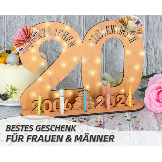 Giftota - 2026 Originelle 20 Geburtstag Geschenk Frauen & Männer - 20 Porzellanhochzeit - Geldgeschenke 20 mit LED Lichterkette Ständer - Holz-Schild Gästebuch - 20 Geburtstag Deko -Hochzeitsgeschenke