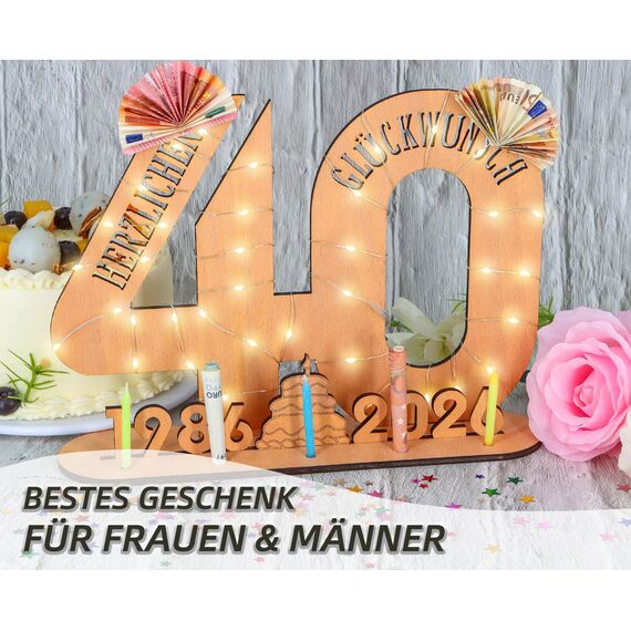 Giftota - 2026 Originelle 40 Geburtstag Geschenk Frauen & Männer - 40 Rubinhochzeit - Geldgeschenke 40 mit LED Lichterkette Ständer - Holz-Schild Gästebuch - 40 Geburtstag Deko - Hochzeitsgeschenke