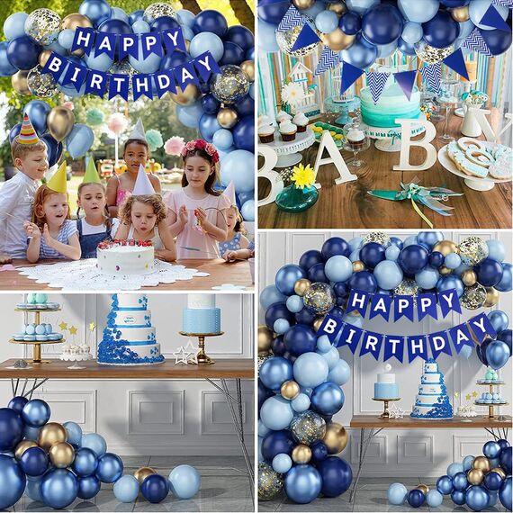 Luftballons Geburtstag Dekoration Set, Marineblau Geburtstagsdeko Happy Birthday deko Banner Party Deko Geburtstag Set mit Marineblau und Silber Luftballons Dreiecksflaggen Girlanden（NB+SJQ）