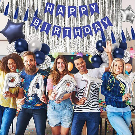 Luftballons Geburtstag Dekoration Set, Marineblau Geburtstagsdeko Happy Birthday deko Banner Party Deko Geburtstag Set mit Marineblau und Silber Luftballons Dreiecksflaggen Girlanden（NB+SJQ）