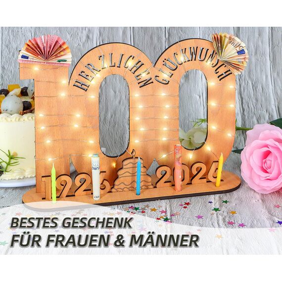 Giftota - 2026 Originelle 100 Geburtstag Geschenk Frauen & Männer - Geldgeschenke Geburtstag mit LED Lichterkette Ständer - Holz-Schild Gästebuch - 100 Geburtstag Deko - Personalisierbares Geschenk