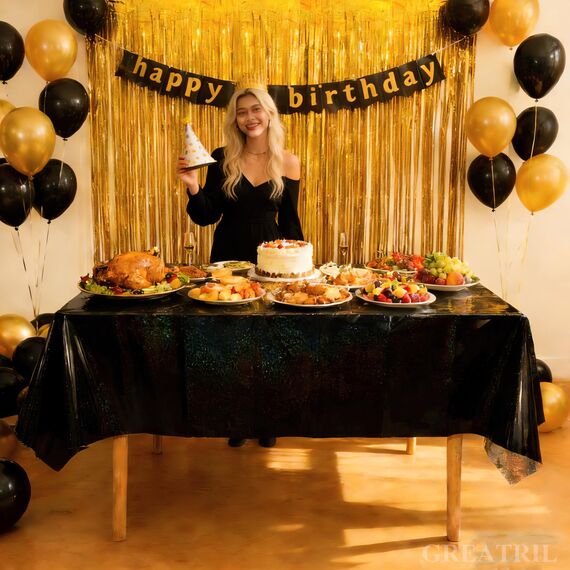 Party Tischdecke Schwarz Glitzer - Geburtstag Tischdecken Foil Wasserabweisend Einweg Deko für Stranger Geburtstag New Year Silvester Grusel Halloween Hexen Gespenster Neujahr Party