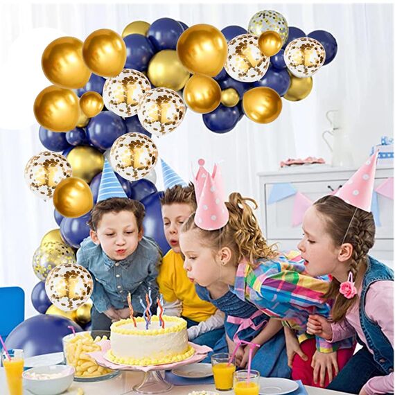 Luftballons Geburtstag Dekoration Set, Marineblau Gold Geburtstagsdeko Happy Birthday deko Banner Set mit Marineblau Gold Luftballons Konfetti Ballons Dreiecksflaggen Girlanden（NB+GD+SJQ）